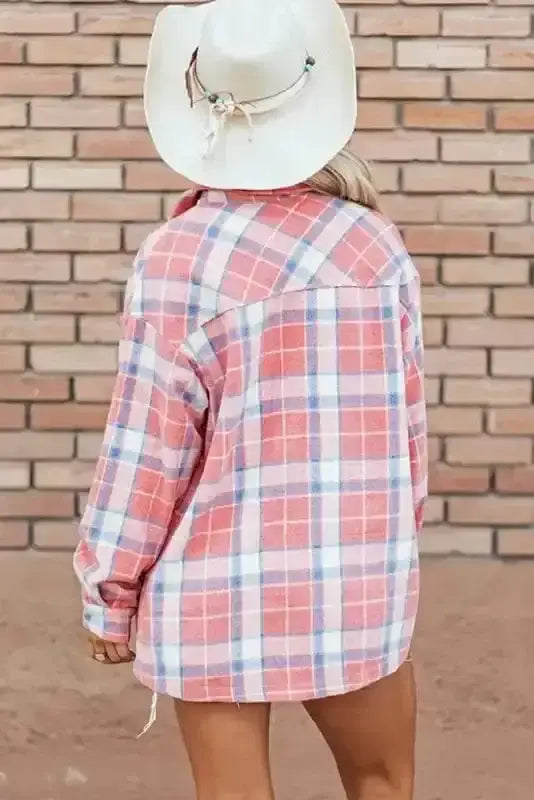 Pink plaid button-up shacket back view — Fashionfitz UK