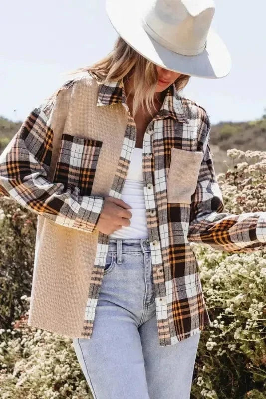 Plaid Shackets Thermal Plaid Patchwork Shacket