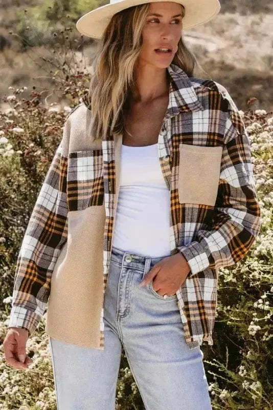 Plaid Shackets Thermal Plaid Patchwork Shacket