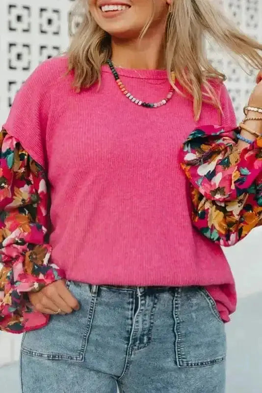 Floral Mosaic Rib Knit Plus Size Blouse Women UK in bright pink — front view showing floral mosaic pattern and flounce sleeves — Fashionfitz