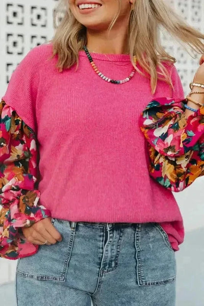 Plus Size Blouses Bright Pink / 1X / 55%Polyester+31%Viscose+12%Polyamide+2%Elastane Floral Mosaic Rib Knit Blouse