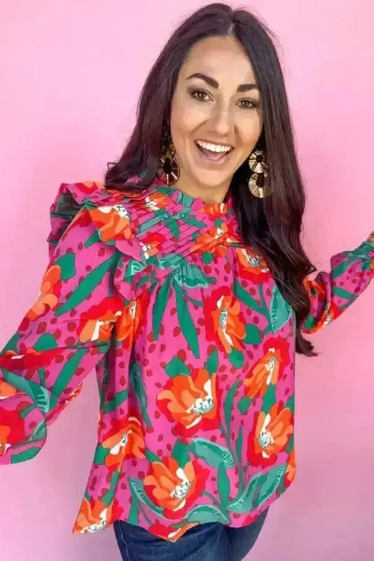 Close-up of Floral Puff Sleeve Plus Size Blouse showing delicate floral design on 100% polyester fabric — Fashionfitz