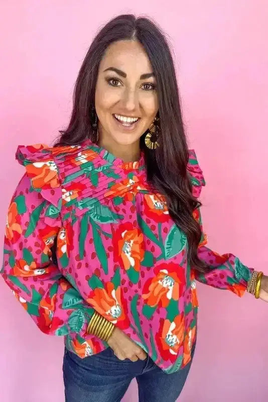 Side view of Floral Puff Sleeve Plus Size Blouse showing puff sleeve structure and round neckline — Fashionfitz