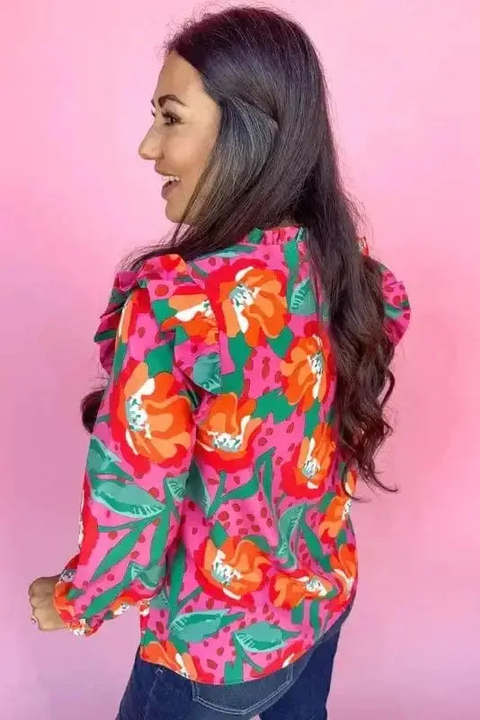 Back view of Floral Puff Sleeve Plus Size Blouse showing puff sleeve silhouette and flowing babydoll fit — Fashionfitz