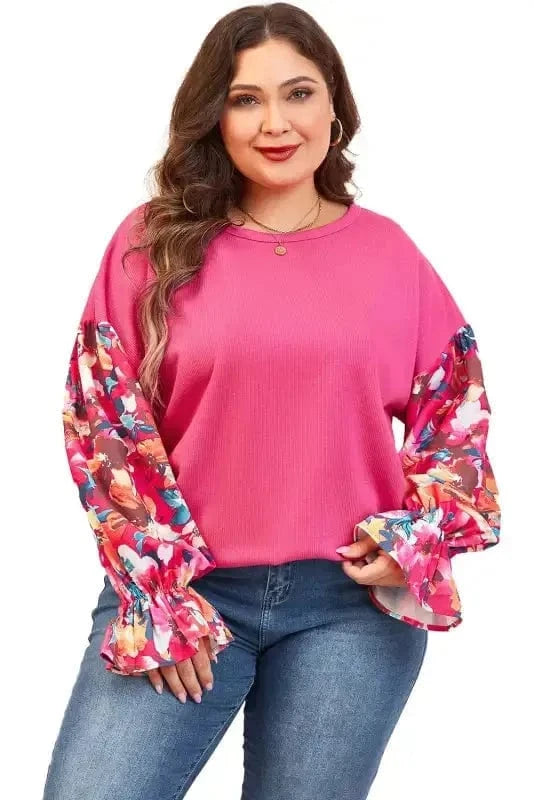 Plus Size Blouses Floral Mosaic Rib Knit Blouse