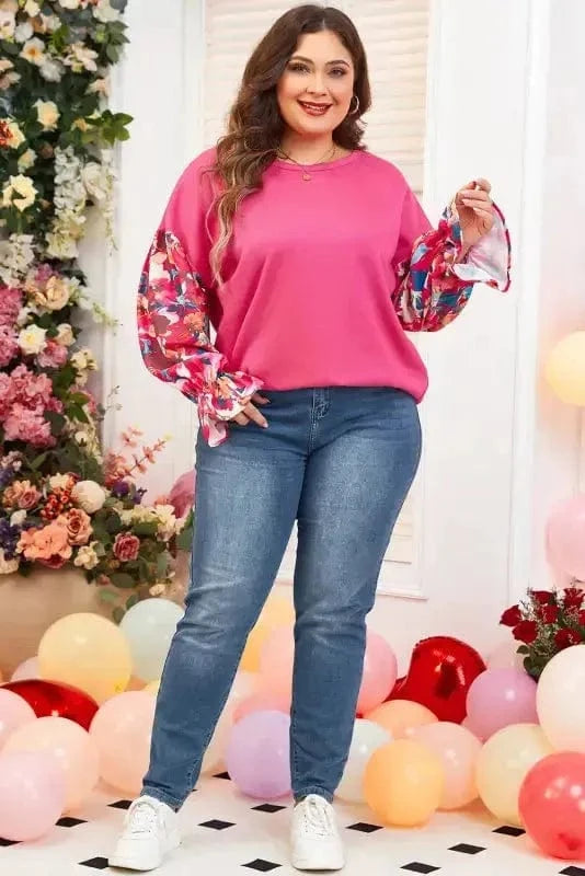 Plus Size Blouses Floral Mosaic Rib Knit Blouse