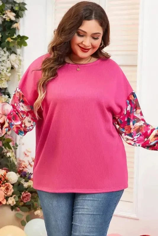 Plus Size Blouses Floral Mosaic Rib Knit Blouse