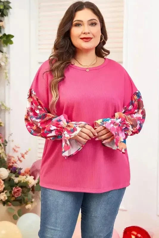 Plus Size Blouses Floral Mosaic Rib Knit Blouse