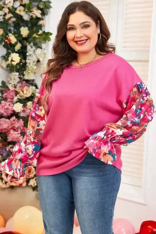 Plus Size Blouses Floral Mosaic Rib Knit Blouse