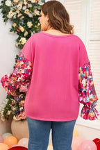 Plus Size Blouses Floral Mosaic Rib Knit Blouse