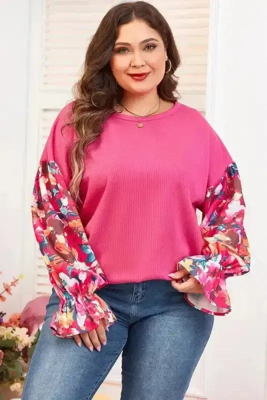 Close-up of Floral Mosaic Rib Knit Plus Size Blouse showing intricate floral mosaic pattern on viscose blend rib knit — Fashionfitz