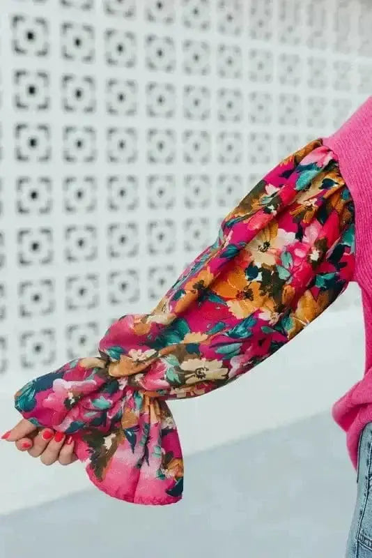 Side view of Floral Mosaic Rib Knit Plus Size Blouse showing rib knit construction and flounce sleeve — Fashionfitz