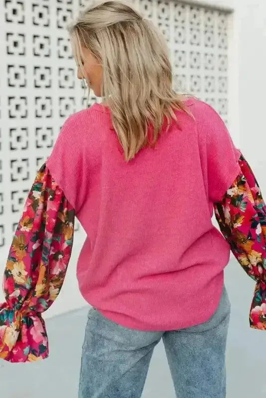 Back view of Floral Mosaic Rib Knit Plus Size Blouse showing flounce sleeve silhouette and plus-size fit — Fashionfitz