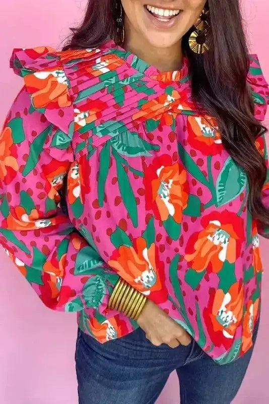 Floral Puff Sleeve Plus Size Blouse Women UK — front view showing floral design and puff sleeves — Fashionfitz