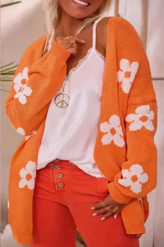 Plus Size Cardigans Orange / 1X / 55%Acrylic+45%Cotton BlossomPlus Orange Floral Cardigan