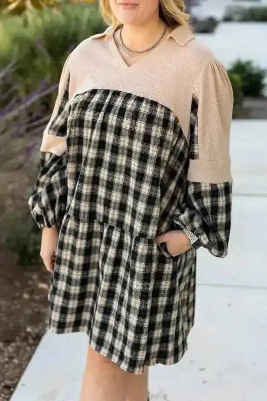 Plus Size Dresses Cozy Plaid Patchwork V-Neck Mini