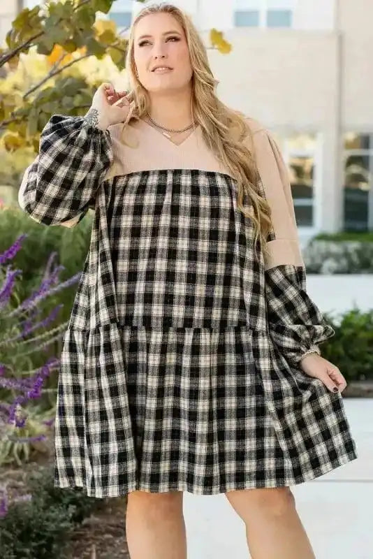 Plus Size Dresses Cozy Plaid Patchwork V-Neck Mini