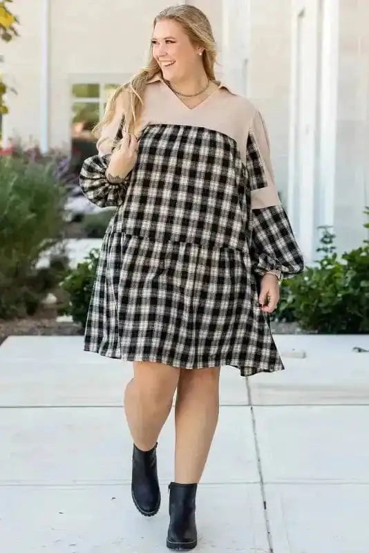 Plus Size Dresses Cozy Plaid Patchwork V-Neck Mini