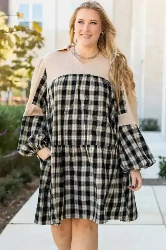 Plus Size Dresses Cozy Plaid Patchwork V-Neck Mini