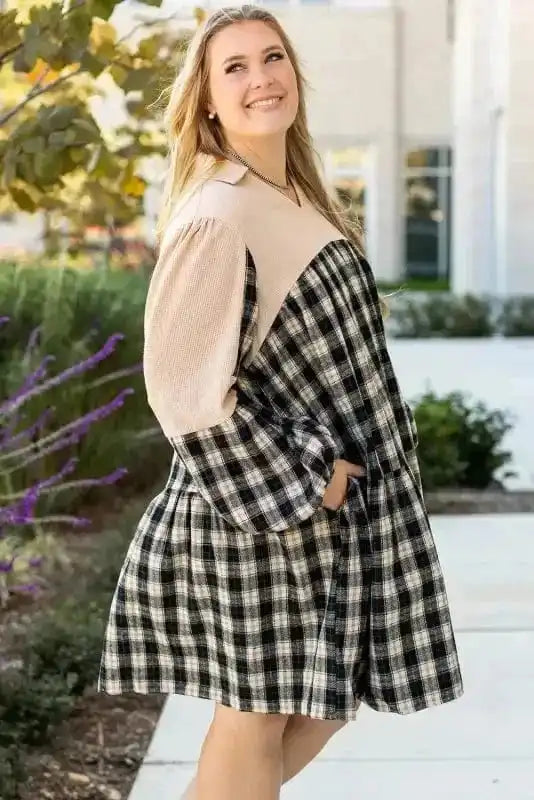 Plus Size Dresses Cozy Plaid Patchwork V-Neck Mini