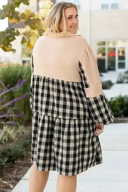 Plus Size Dresses Cozy Plaid Patchwork V-Neck Mini