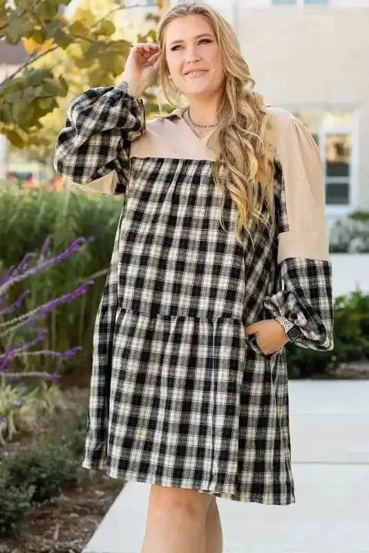 Plus Size Dresses Cozy Plaid Patchwork V-Neck Mini