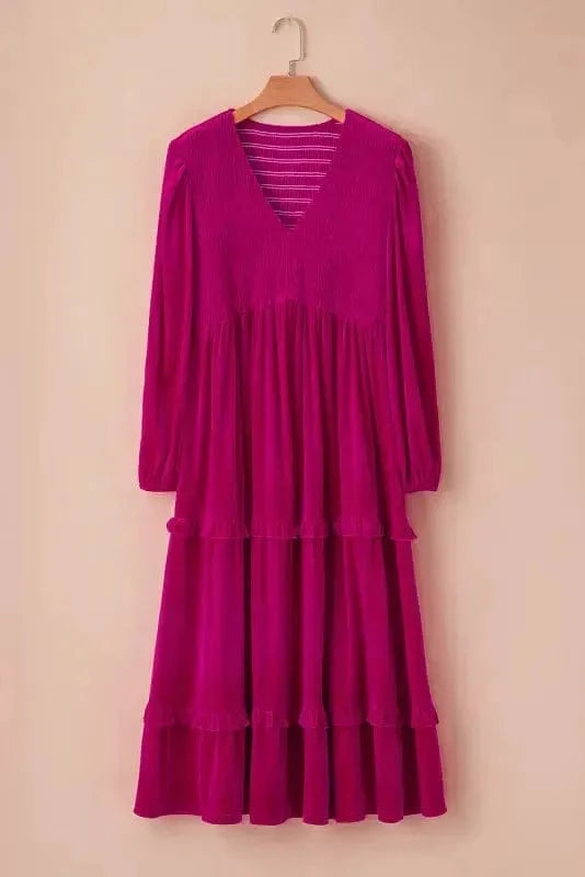 Plus Size Dresses Rose Red / 1X / 95%Polyester+5%Elastane Shirred Velvet Maxi Dress