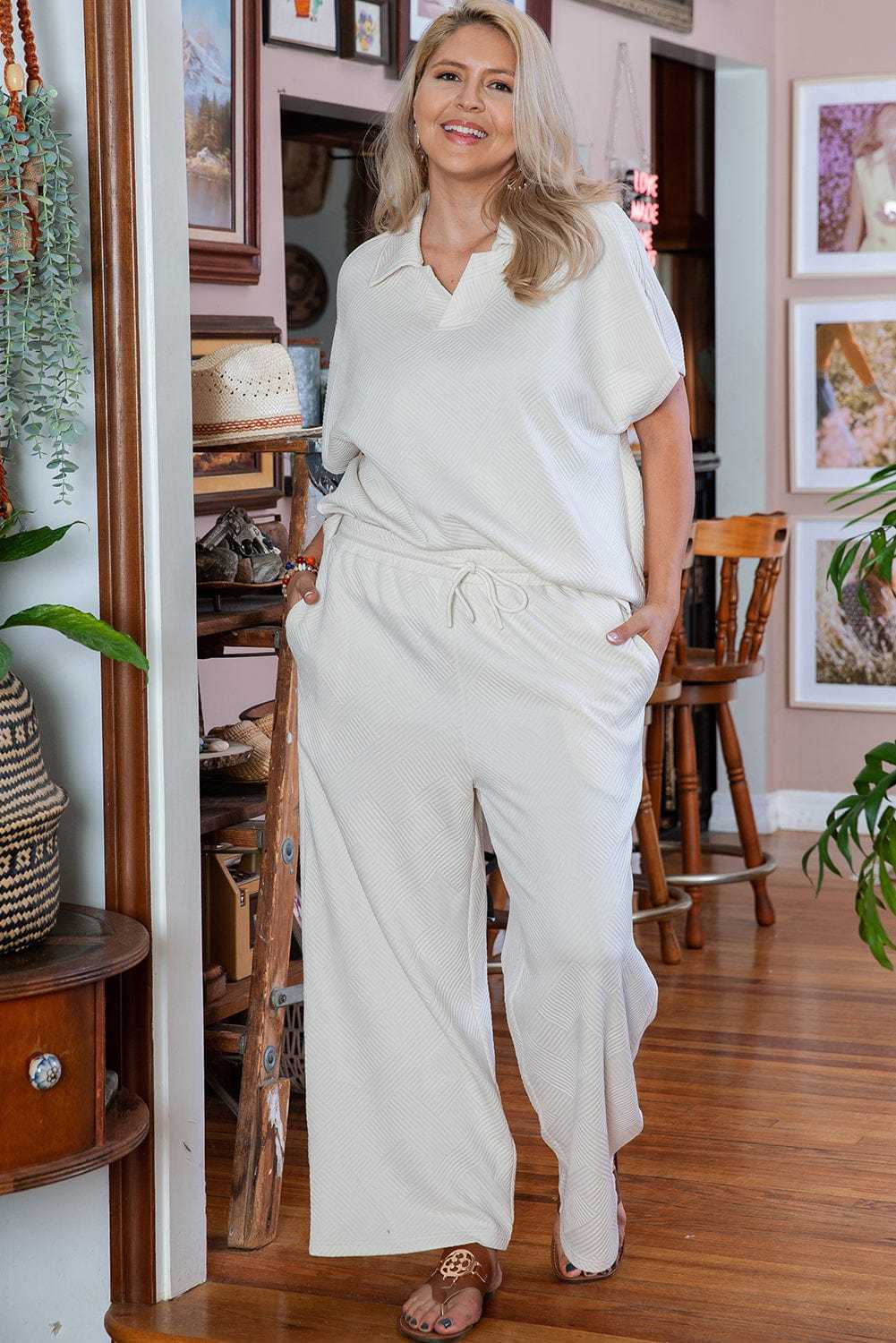 Plus Size Loungewear Beige / 1X / 97%Polyester+3%Elastane Soft Hue Two-Piece Lounge Set