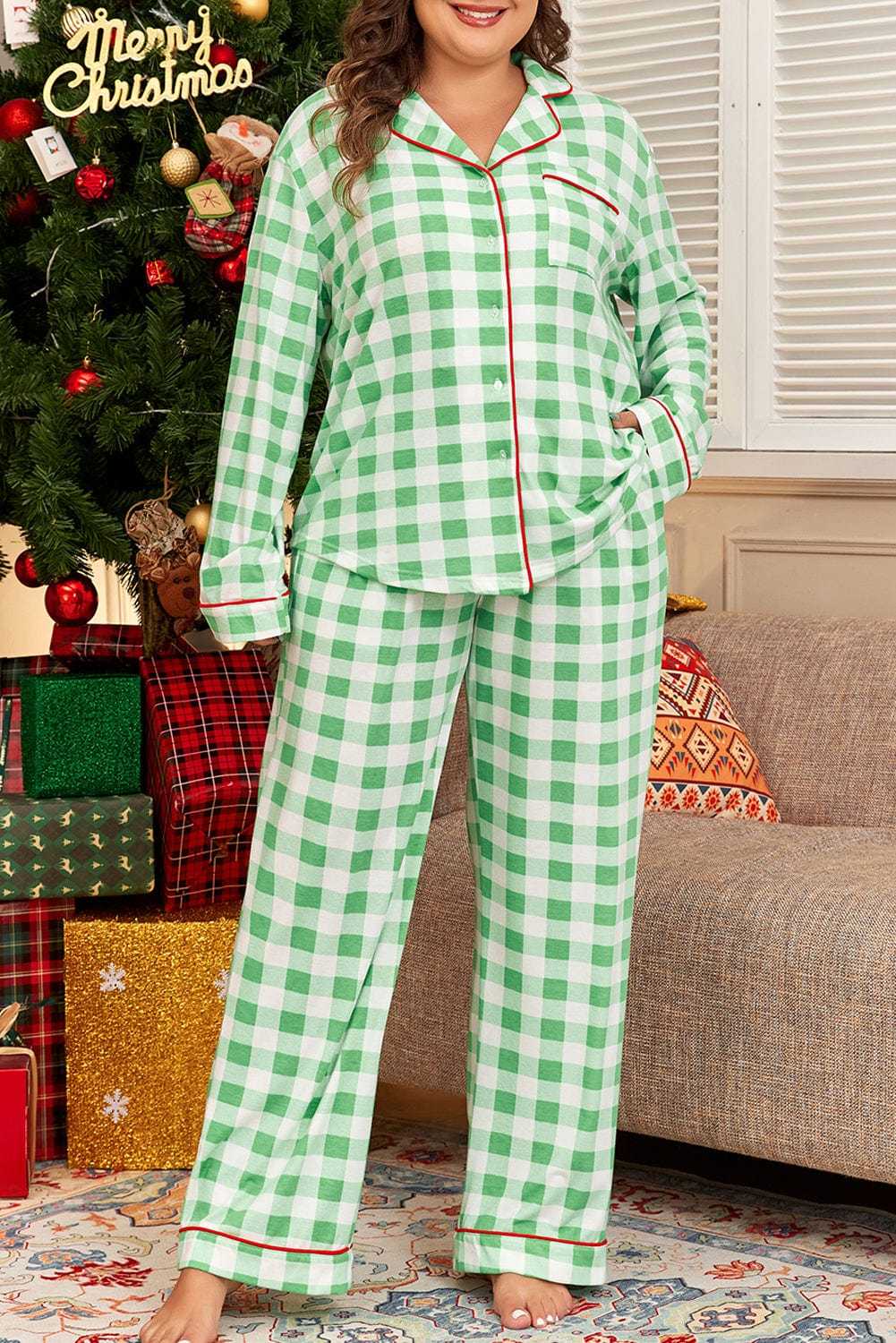Plus Size Loungewear Evergreen Plaid Curve Pajama Set