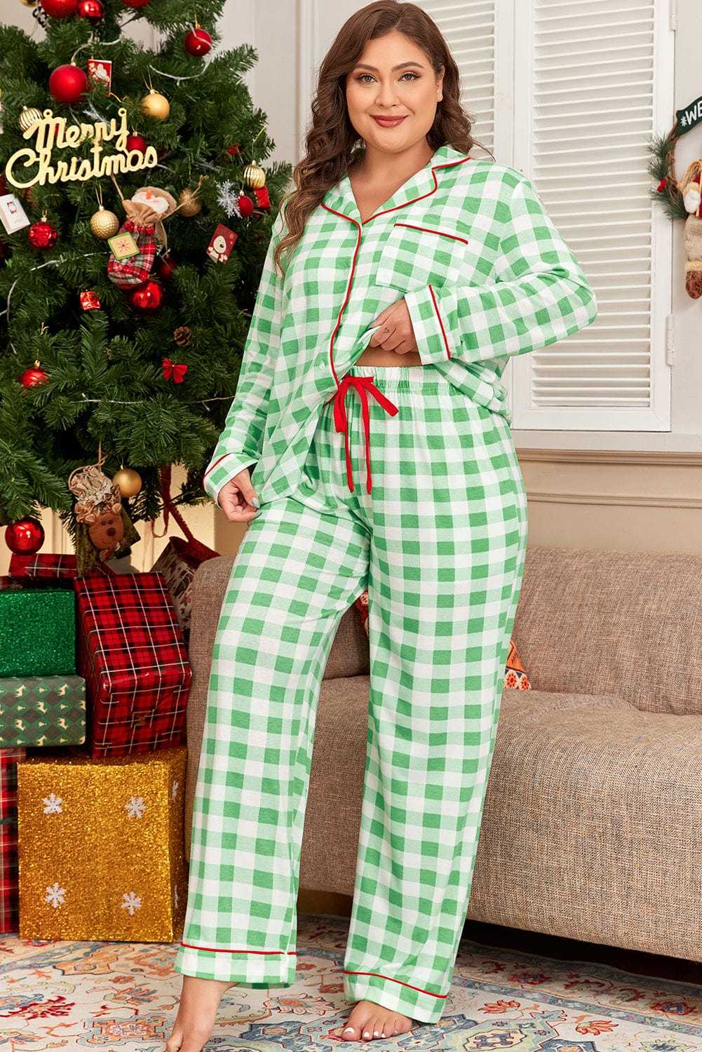 Plus Size Loungewear Evergreen Plaid Curve Pajama Set