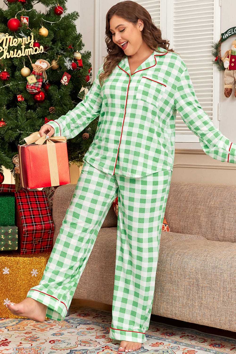 Plus Size Loungewear Evergreen Plaid Curve Pajama Set