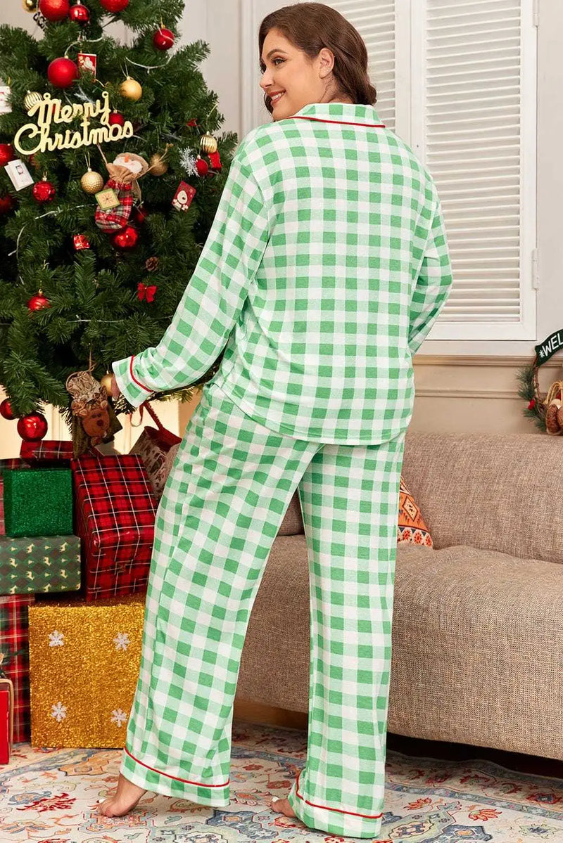 Evergreen plaid plus size pyjama set back view — Fashionfitz UK