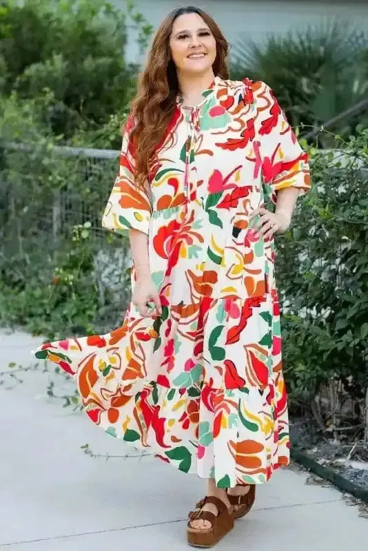 Sunny Angela Women's exclusive Floral Print Drawstring Tiered V Neck Maxi Dress