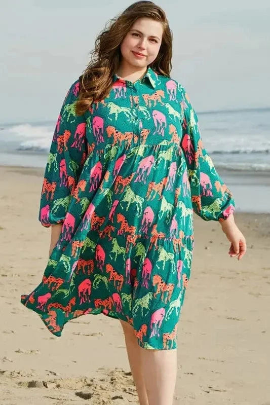 Plus Size Midi Dresses Green / 1X / 100%Polyester Horse Haven Curve Midi Dress