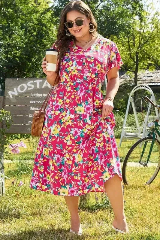 Plus Size Midi Dresses Pink / 1X / 100%Polyester Pink Floral Curvy Midi Dress - Elegant and Comfortable