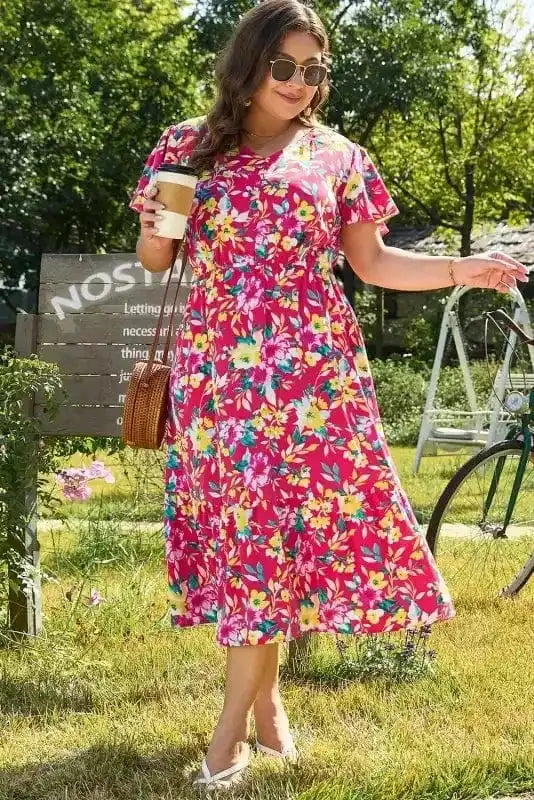 Plus Size Midi Dresses Pink Floral Curvy Midi Dress - Elegant and Comfortable