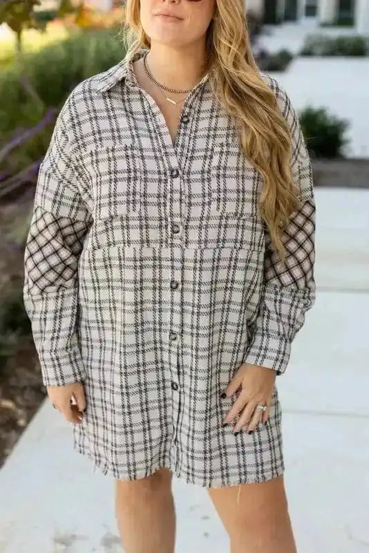 Plus Size Midi Dresses White Plaid Chic Tunic Dress