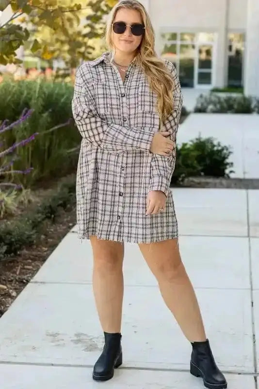 Plus Size Midi Dresses White Plaid Chic Tunic Dress
