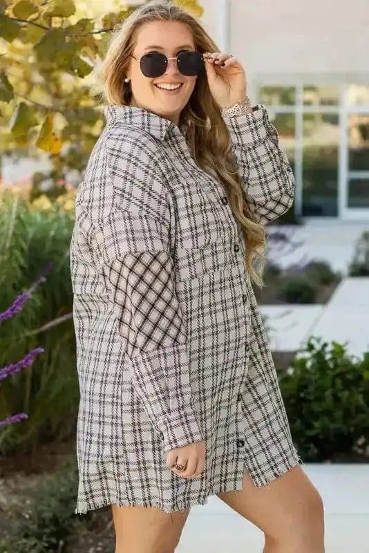 Plus Size Midi Dresses White Plaid Chic Tunic Dress