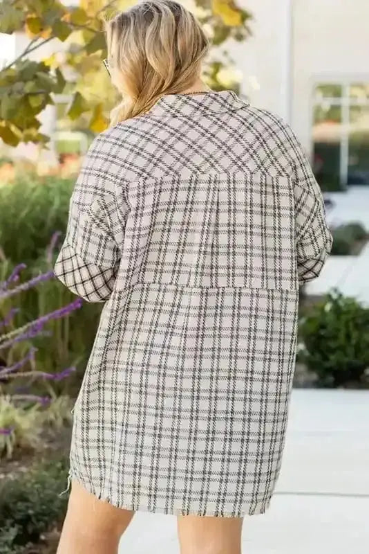 Plus Size Plaid Buttoned Raw Hem Tunic Shirt Dress White / 4X Plus Size Plaid Buttoned Raw Hem Tunic Shirt Dress White / 4X
