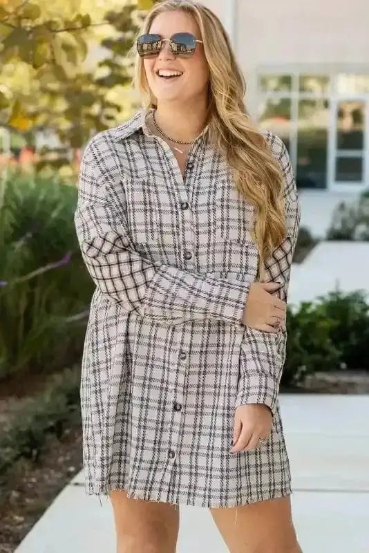 plaid shirt dresses Plus Size Plaid Buttoned Raw Hem Tunic Shirt Dress White / 4X