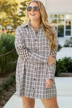 Plus Size Midi Dresses White Stripe / 1X / 100%Polyester White Plaid Chic Tunic Dress