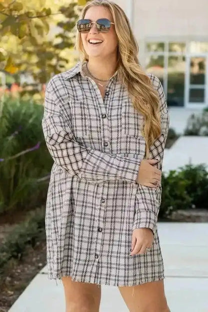 Plus Size Midi Dresses White Stripe / 1X / 100%Polyester White Plaid Chic Tunic Dress
