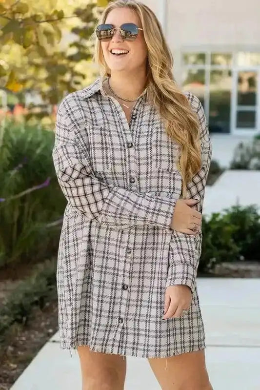 Plus Size Midi Dresses White Stripe / 1X / 100%Polyester White Plaid Chic Tunic Dress