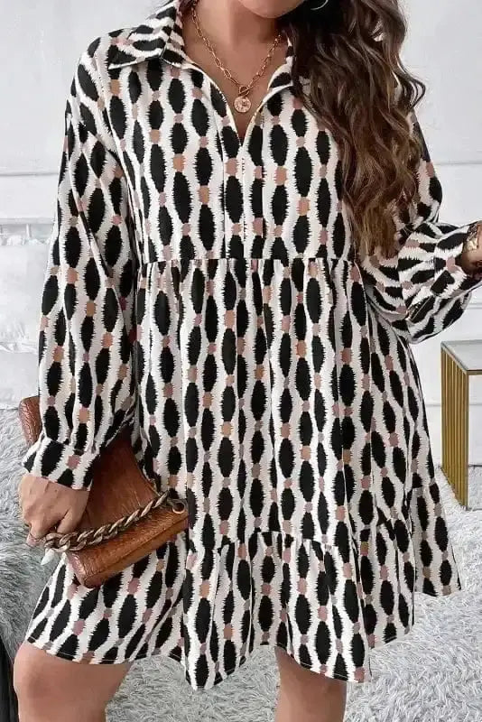 Apricot plus size geometric print flattering mini dress front view — Fashionfitz UK