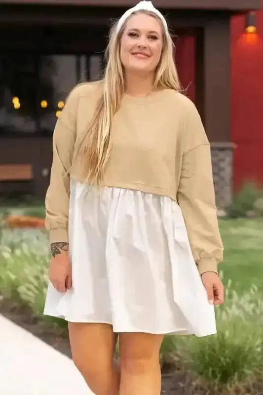 Plus Size Mini Dresses Apricot / 1X / 72%Cotton+26%Polyester+2%Elastane Ruffled Apricot Chic Dress - Plus Size