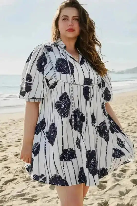 Plus Size Mini Dresses Black / 1X / 100%Polyester Black & White Floral Curvy Mini Dress