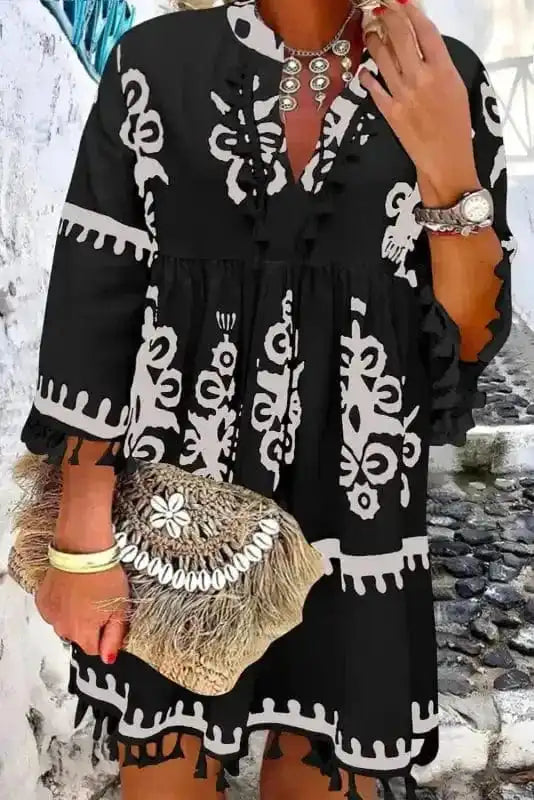 Plus Size Mini Dresses Black / 1X / 100%Polyester Western Bloom Fringe Dress