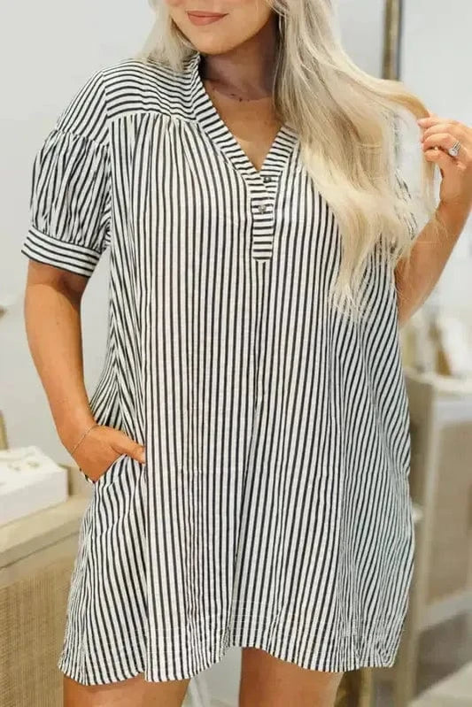 Plus Size Mini Dresses Black Stripe / 1X / 50%Polyester+50%Cotton Monochrome Stripe Curvy Mini Dress
