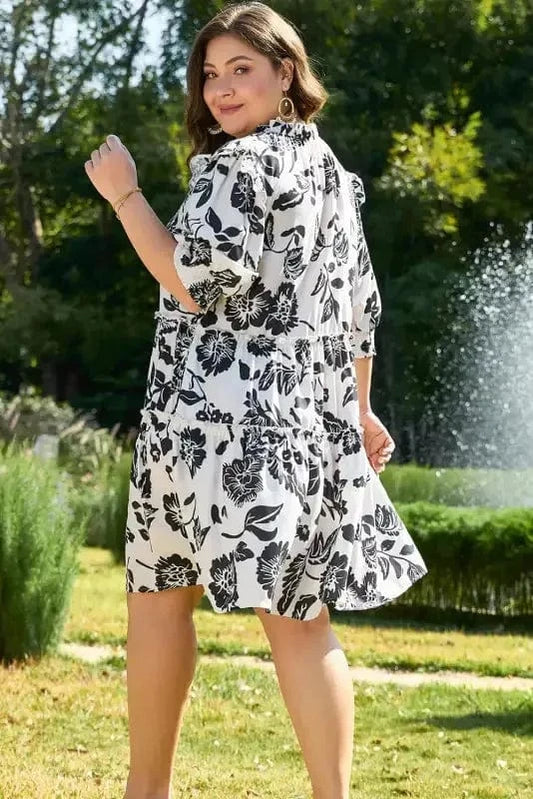 Plus Size Mini Dresses Black & White Floral Curvy Dress